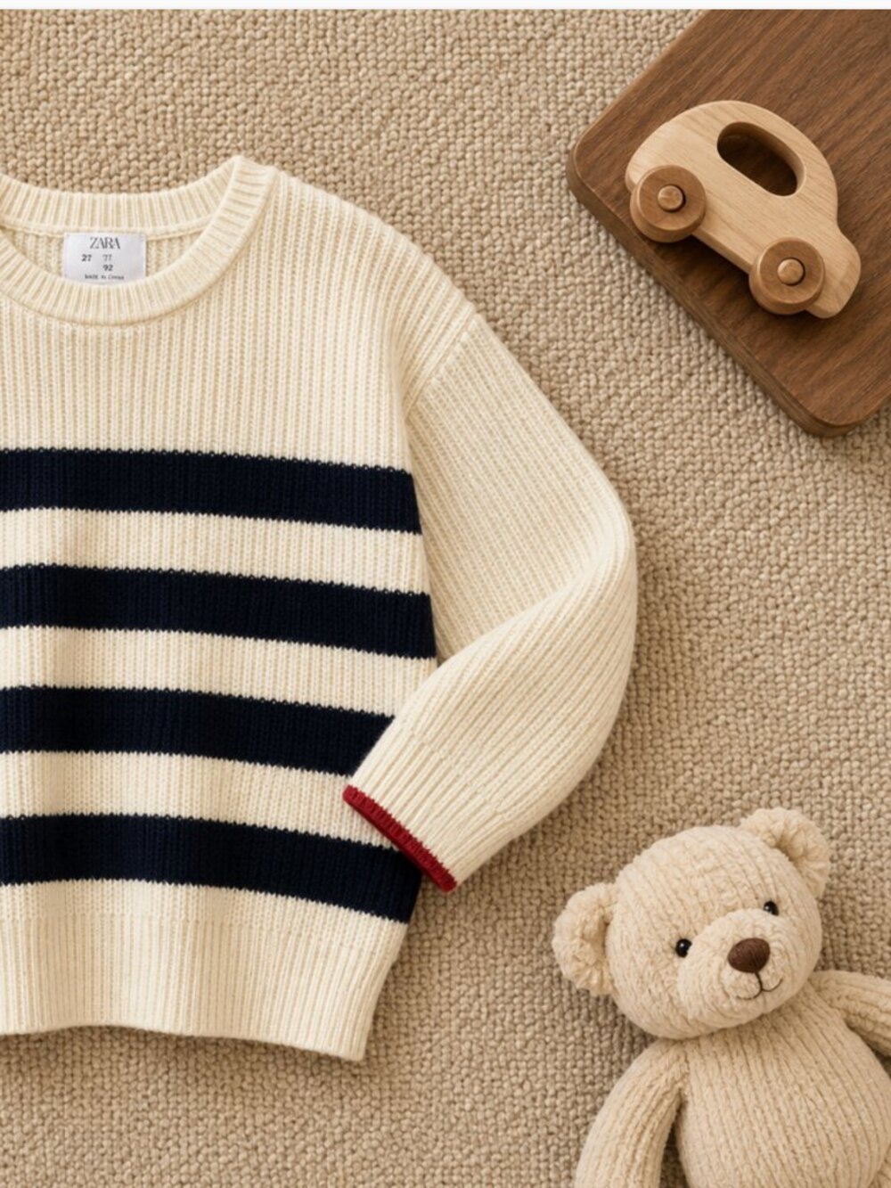 Zara Cream Crewneck Sweater with Navy Stripes and Red Cuff Trim